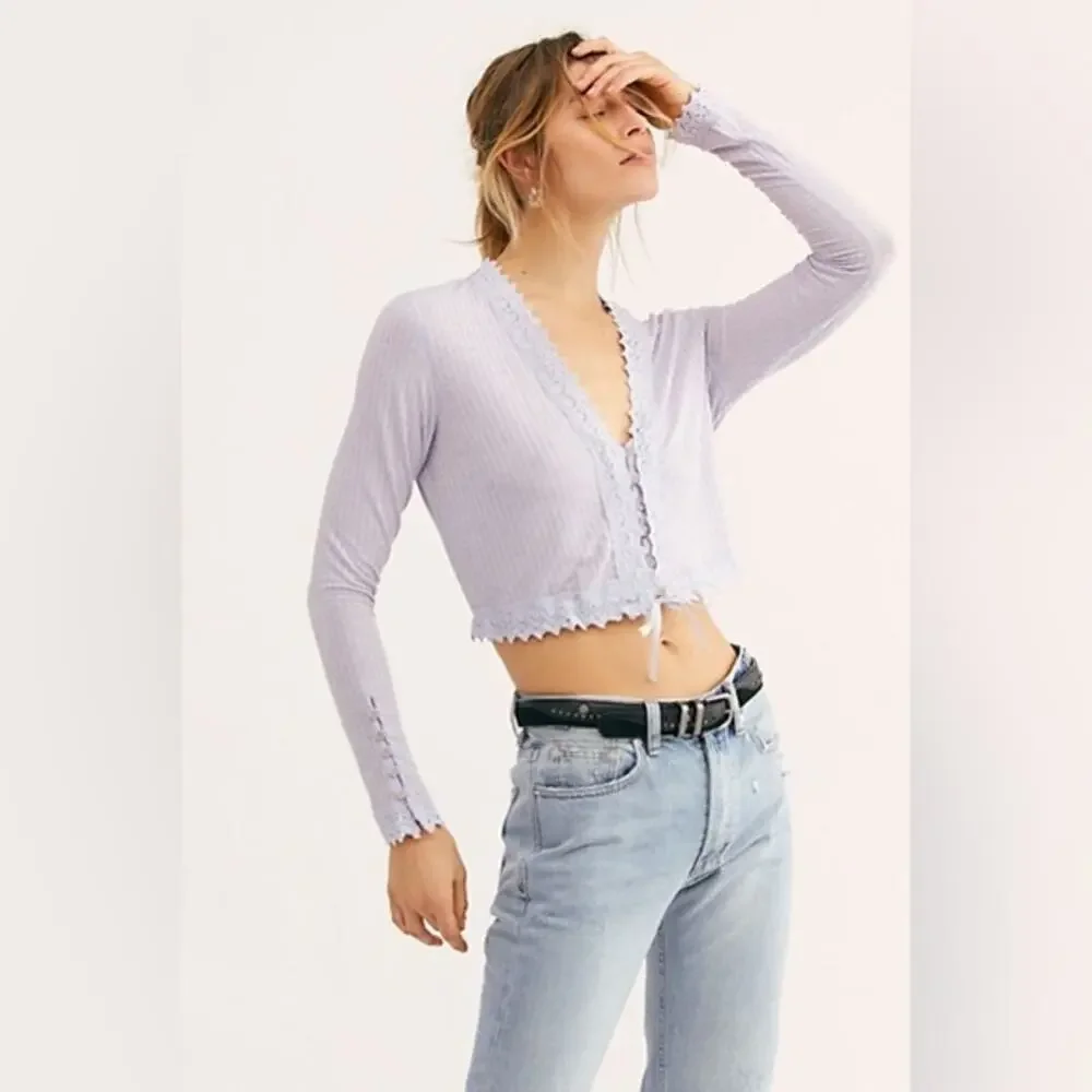 Free people XS fairycore lavander tie waist crop top lace accent long sleeve EUC